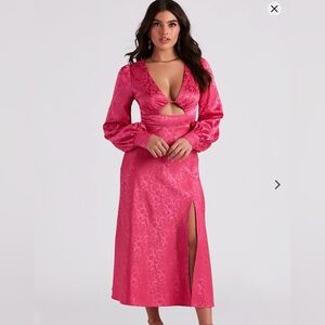 Women's Pink Satin Long Sleeve Midi Dress Ultra Glam Romantic Cocktail Dress